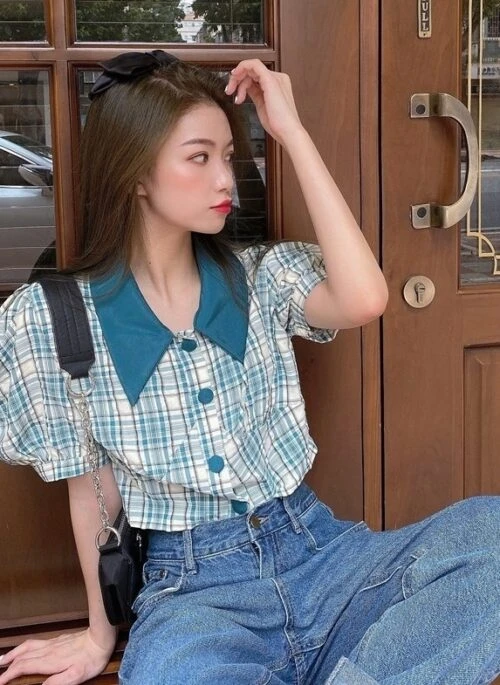 Blue Plaid Puff Sleeve Collared Top | Haneul – Kiss Of Life