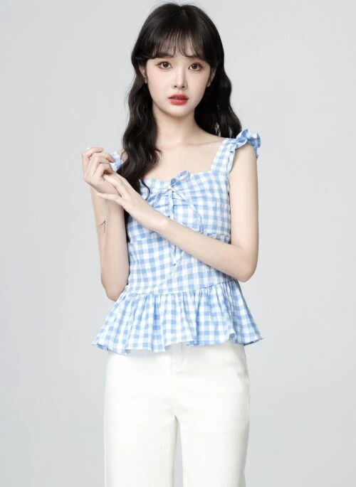 Blue Plaid Ruffle Sleeve Button Down Top