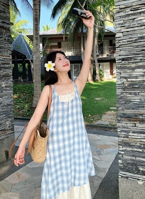 Blue Plaid Sleeveless Vacation Casual Slim Dress