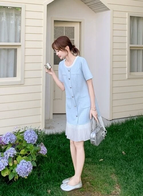 Blue Pleated French Style Elegant Dress
