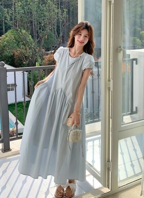 Blue Puff Sleeve Elegant Summer Dress For Vacation