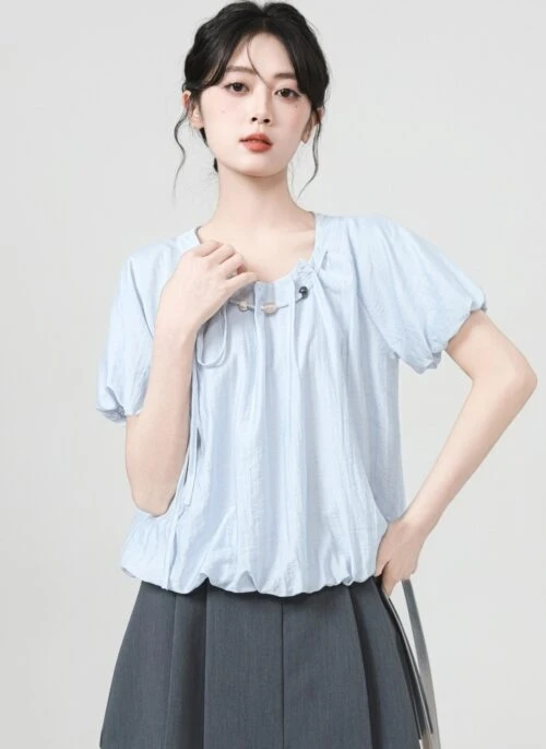 Blue Puff Sleeve Tie Front Short Sleeve Shirt
