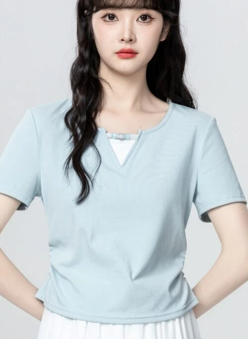 Blue Ruched Colorblock Short Sleeve Top