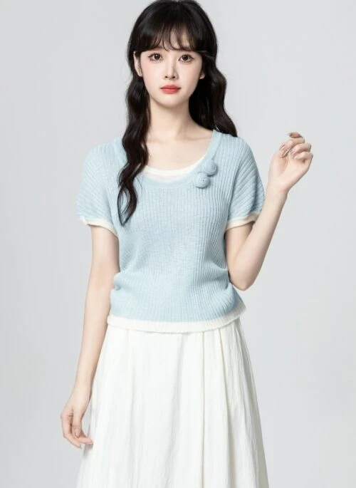 Blue Ruched Knit Short Sleeve Layered Top