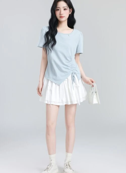 Blue Ruched Split Hem Short Sleeve Top