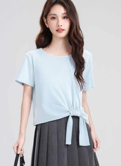 Blue Ruched Tie Short Sleeve Crop Top