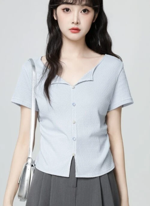 Blue Ruched V Neck Short Sleeve Split Hem Top