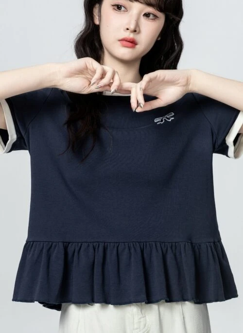 Blue Ruffle Trim Colorblock Short Sleeve Top