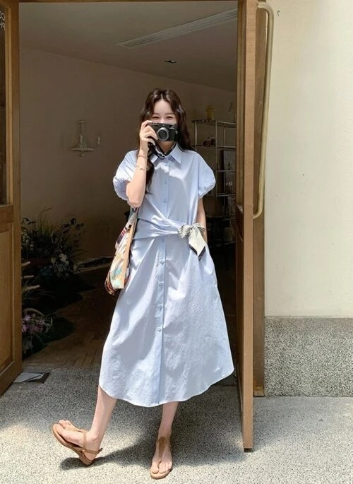 Blue Short Sleeve Shirt Dress With Scarf Tie Waist