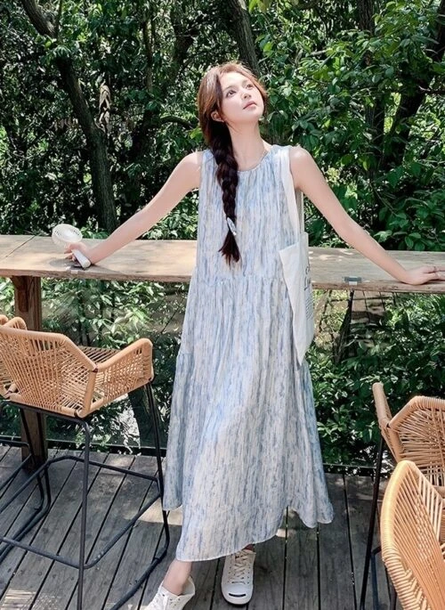 Blue Sleeveless Halter Neck French Style Dress