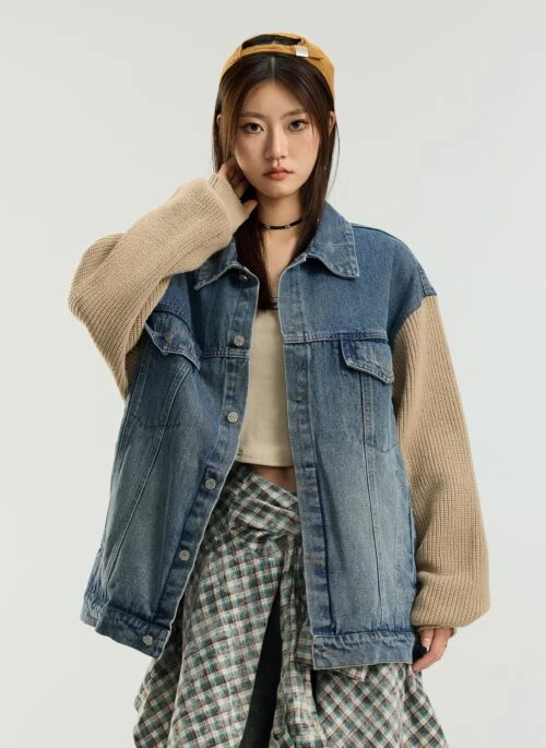 Blue Spliced Denim Jacket With Knit Sleeves | Jay – Enhypen