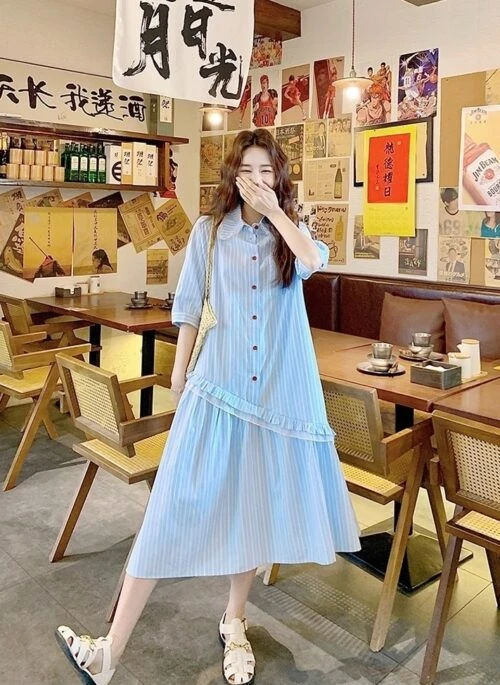 Blue Striped Casual Literary Style Long Dress