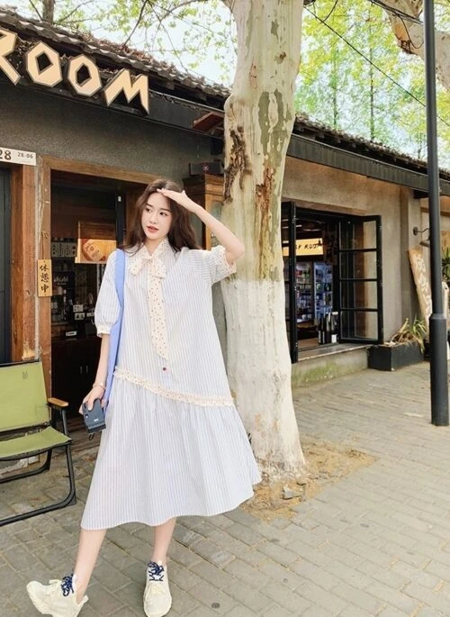 Blue Striped Lace Patchwork Shirt Dress
