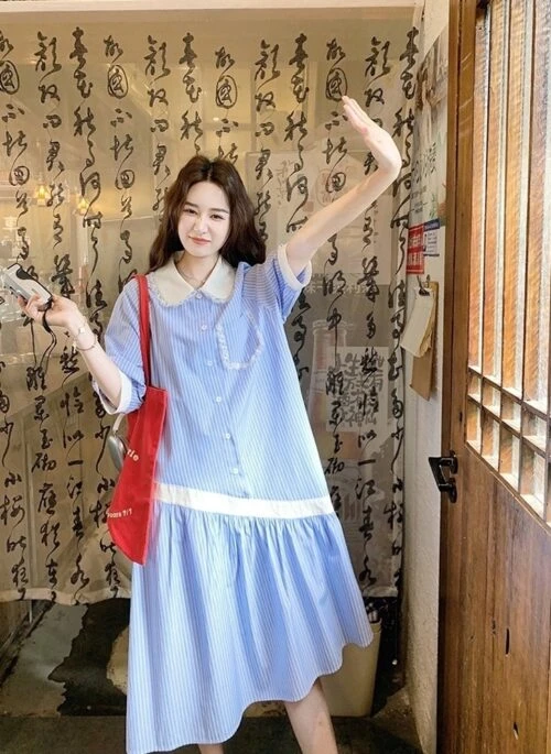 Blue Striped Lace Trim Shirt Dress Summer Style