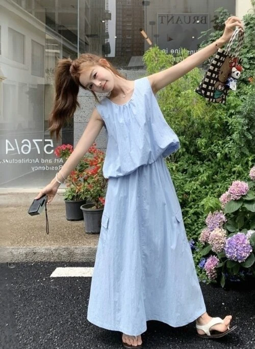 Blue Summer Casual Vest And Skirt Set