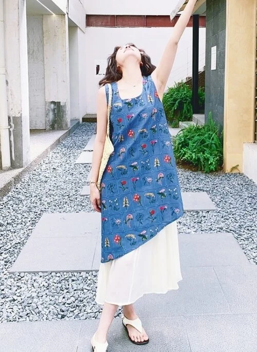 Blue Sweet Japanese Style Embroidered Layered Dress