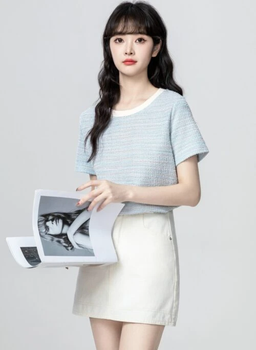 Blue Textured Crewneck Short Sleeve Contrast Top