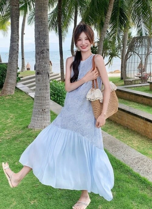 Blue Textured Embroidered Maxi Beach Vacation Dress