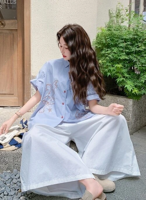 Blue Top And Wide Leg Pants Fashion Set