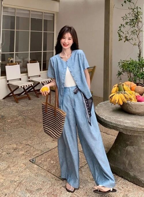 Blue Vintage Style Shirt And Wide Leg Pants Set