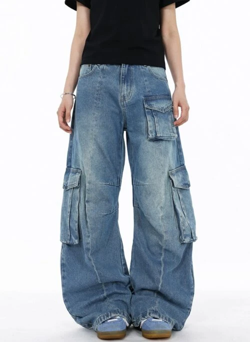 Blue Vintage Wash Oversized Cargo Jeans | Ruka - BabyMonster