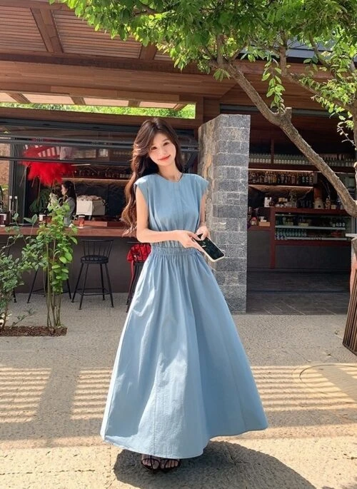 Blue Waist Slimming Vacation Maxi Dress