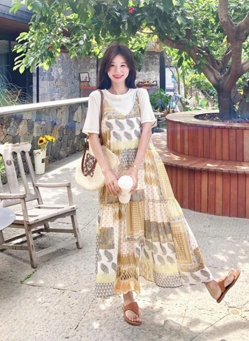 Bohemian Floral Patchwork Dress With T Shirt Set