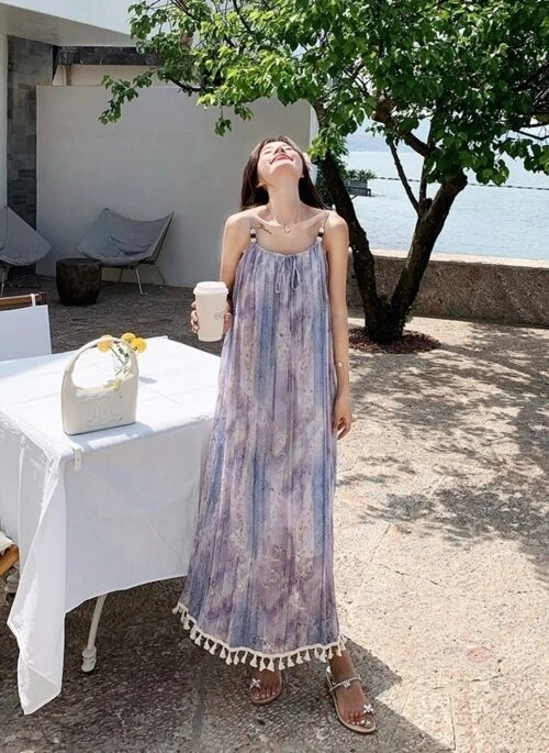 Bohemian Floral Tassel Maxi Dress For Vacation