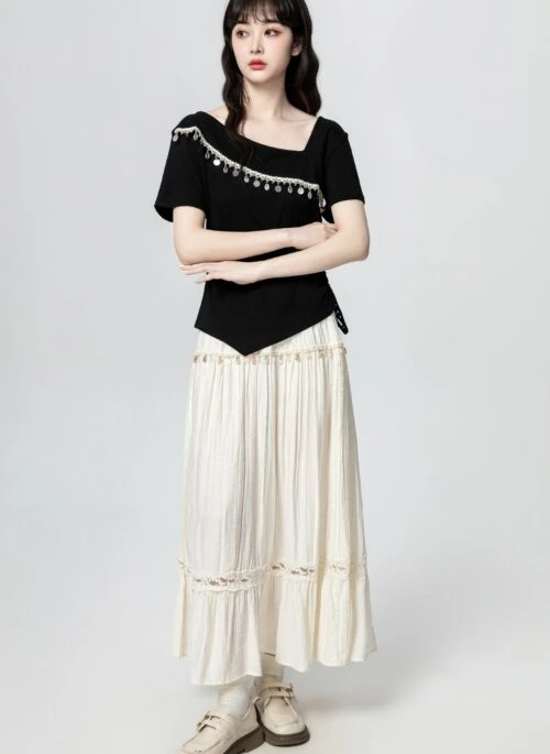 Bohemian Lace Trim High Waist Midi Skirt