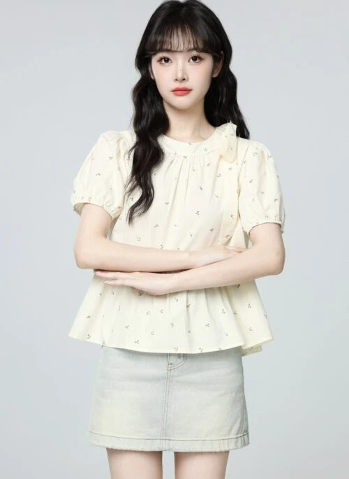 Bow Tie Puff Sleeve Beige Blouse