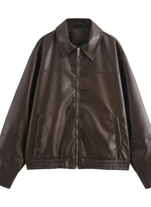 Brown Faux Leather Collared Jacket | San – ATEEZ
