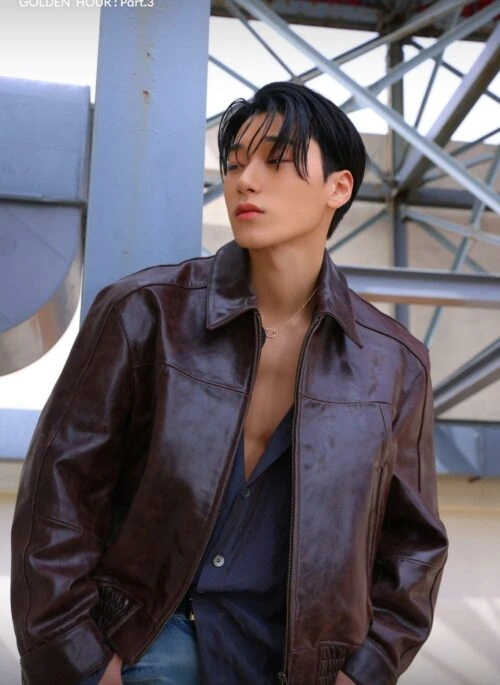 Brown Faux Leather Collared Jacket | San – ATEEZ