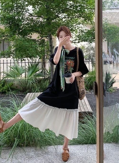 Cartoon Print Patchwork Casual Loose Long Dress