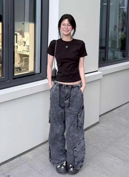 Charcoal Grey Multi-Pocket Wide-Leg Jeans | Yeji – ITZY