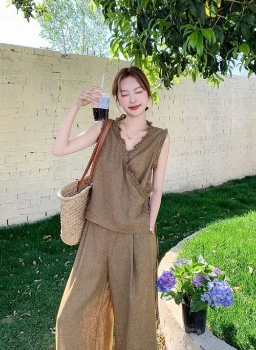 Chic French Style Tie Waist Vest And Wide Leg Pants Set