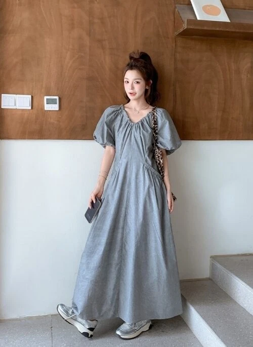 Chic Gray V Neck Puff Sleeve Maxi Dress