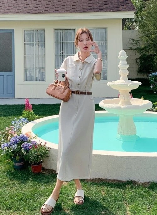Chic Khaki Waist Slimming Shirt Dress