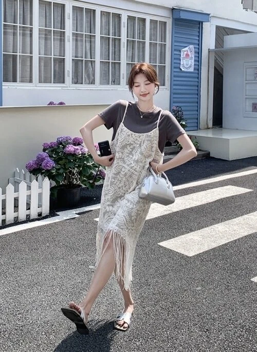 Chic Layered Tassel Slip Dress Set