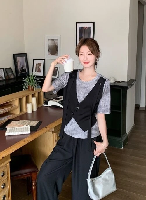 Chic Layered Top And Wide Leg Pants Set