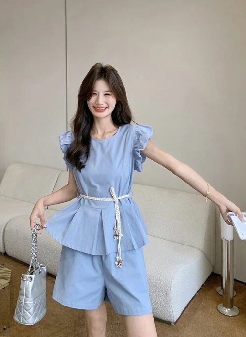 Chic Ruffled Sleeve Waist Top And Shorts Set