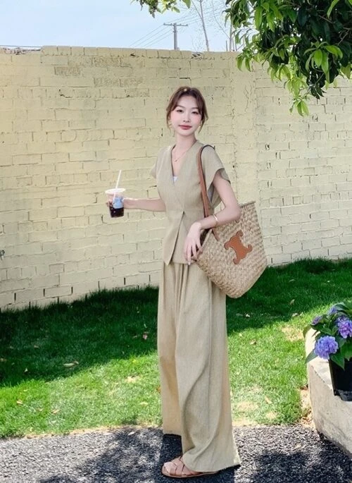 Chic V Neck Summer Fashion Wide Leg Pants Set