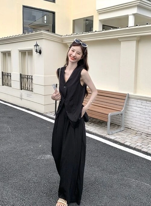 Classic Black Blazer Vest And Wide Leg Pants Set