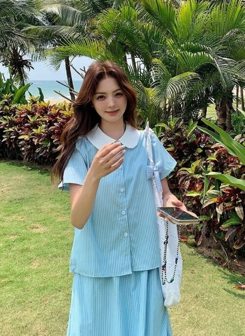 Classic Doll Collar Blouse And Skirt Set