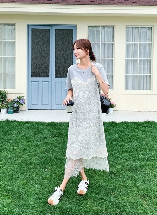 Color Block Lace Layered T Shirt Dress