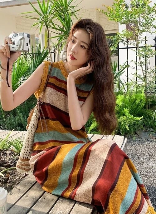 Colorblock Striped Tassel Vacation Maxi Dress