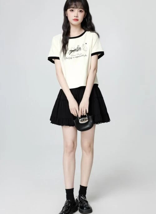 Cream Print Short Sleeve Contrast Trim Tee
