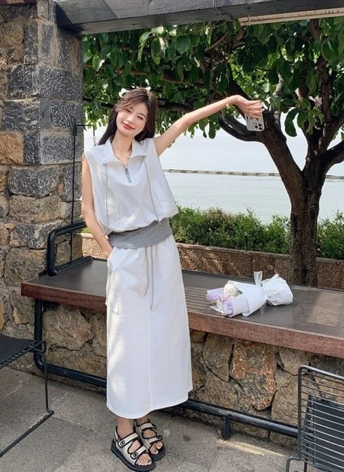 Cream Utility Vest And Skirt Set Summer Outfit