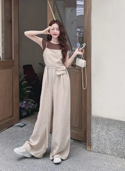 Cream Wide Leg Suspender Pants Casual Outfit Set