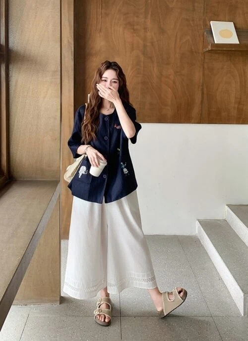 Cute Casual Short Sleeve Shirt And Wide Leg Pants Set