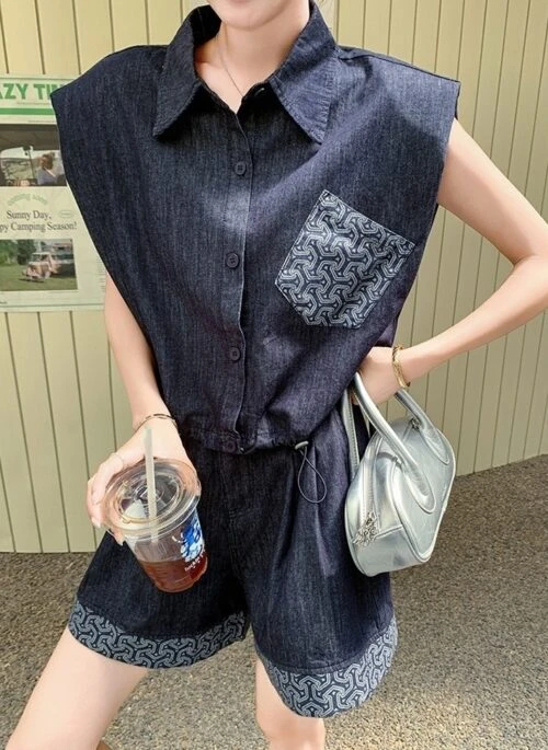 Denim Casual Fashion Short Jacket And Shorts Set